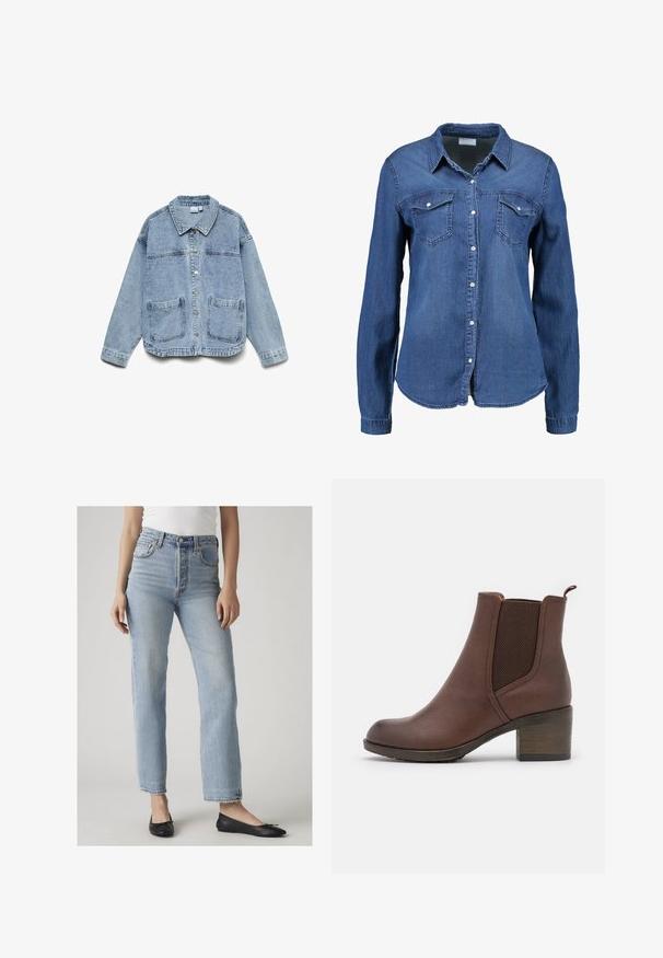 Lichtblauwe denimjas met lange mouwen, knoopsluiting aan de voorkant, kraag en twee opgestikte voorzakken.; Denim shirt in middellange blauwe kleur met lange mouwen, knoopsluiting aan de voorkant, puntige kraag en twee borstzakken. Zachte textuur met een standaard snit.; Vrouw draagt lichtblauwe high-waist jeans met rechte pijpen en zwarte ballerina's, staand tegen een effen lichte achtergrond.; Bruine leren enkellaars met een gladde afwerking, elastische zijpanelen, een ronde neus en een gematigde houten hak.