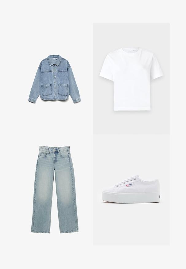 Lyseblå denimjakke med lange ærmer, knaplukning foran, krave og to forlommer.; Hvid kortærmet bomuld t-shirt med rund halsudskæring og lige kant, vist på en hvid baggrund.; Lysblå denim bredbukser med høj talje, der har fem lommer, knaplukning og subtile falmninger for en slidt effekt.; Hvide canvas sneakers med en tyk hvid platformssål, rund tå og metaløjelets til snørebånd. Mærkets logo præsenteret på siden.