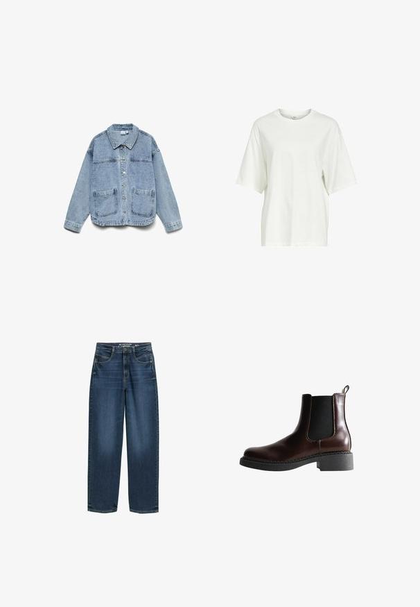 Chaqueta de mezclilla azul claro con mangas largas, cierre de botones, cuello y dos bolsillos tipo parche en la parte delantera.; Camiseta blanca lisa de manga corta y corte oversized con cuello redondo y una pequeña etiqueta en el interior del cuello.; Jeans de pierna ancha de color azul oscuro con cintura alta, bolsillos frontales y textura de denim clásica. Acabados con detalles de costura sutiles y aberturas de pierna recta.; Botín de cuero marrón con paneles laterales elásticos, puntera redonda y suela de goma negra texturizada. Presenta costuras en contraste y una pestaña para facilitar el calce.