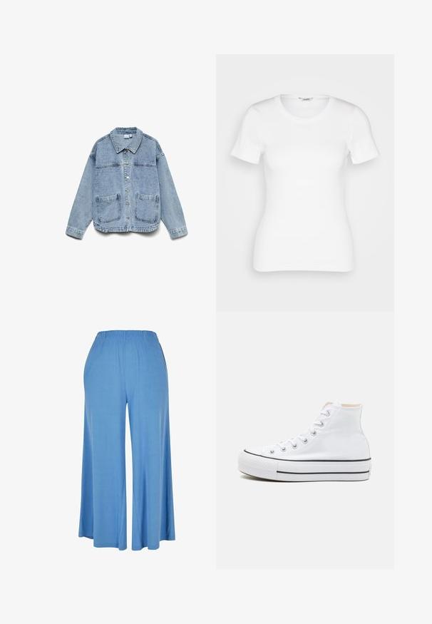 Hellblaue Jeansjacke mit langen Ärmeln, Knopfleiste, Kragen und zwei aufgesetzten Fronttaschen.; Weißes Baumwoll-T-Shirt mit kurzen Ärmeln, rundem Ausschnitt und gerippter Textur. Schmal geschnittenes Design mit einer glatten, sauberen Verarbeitung.; Hellblaue weit geschnittene Hose aus weichem Stoff, mit einem elastischen Bund und einem lockeren Schnitt, der bis zur Mitte der Wade reicht.; Weiße High-Top-Sneaker aus einem Material aus Segeltuch, mit schwarzer Gummisohle und kontrastierendem schwarzen Streifen auf der Zwischensohle. Runde Zehenkappe und Schnürdesign.