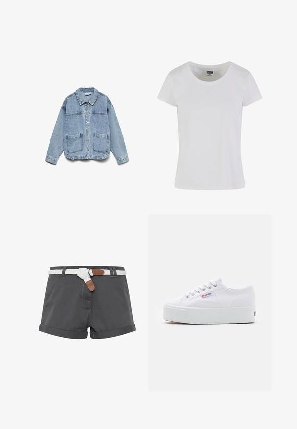 Lichtblauwe denimjas met lange mouwen, knoopsluiting aan de voorkant, kraag en twee opgestikte voorzakken.; Witte, korte mouwen t-shirt gemaakt van katoen. Heeft een ronde hals en een slim-fit vorm. Etiket zegt "URBAN CLASSICS."; Grijze katoenen shorts met opgerolde omslagen, voorzien van een witte gevlochten riem en bruine leren accenten. Stikdetails zijn zichtbaar op de stof.; Witte canvas sneaker met een dikke witte platformzool, ronde neus en metalen oogjes voor veters. Merkl logo aan de zijkant weergegeven.