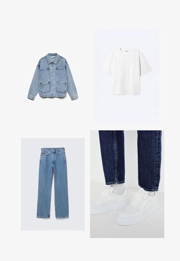 Veste en denim bleu clair à manches longues, devant boutonné, col, et deux poches plaquées sur le devant.; T-shirt blanc à manches courtes avec col rond et ourlet droit, étiquette de marque "WEEKDAY" à l’intérieur de l’encolure.; Jean en denim bleu à taille haute, coupe droite, avec bouton avant, fermeture éclair, passants pour ceinture et design à cinq poches sur un fond clair uni.; Baskets blanches avec un design texturé et des semelles épaisses, associées à des chaussettes côtelées gris clair et un jean en denim bleu foncé.