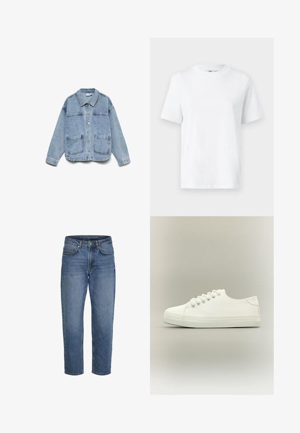 Lyseblå denimjakke med lange ærmer, knaplukning foran, krave og to forlommer.; Hvid bomulds T-shirt med rund hals, kortærmet og en glat tekstur. Designet med en afslappet pasform for komfort og alsidighed.; Blå denim jeans med lige ben, forfra lukning med knap og lynlås samt lommer foran og bagpå, vist mod en hvid baggrund.; Hvid lavtop sneaker med hvide snørebånd og gummisål vist fra siden på en neutral baggrund.