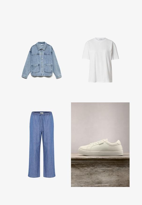 Hellblaue Jeansjacke mit langen Ärmeln, Knopfleiste, Kragen und zwei aufgesetzten Fronttaschen.; Weißes Baumwoll-T-Shirt mit rundem Ausschnitt, kurzen Ärmeln und lockerer Passform. Einfaches Design ohne sichtbare Muster oder Akzente.; Hellblaue, weite Hosen aus weichem Denimstoff. Mit einem elastischen Bund und einem Kordelzug sowie umgeschlagenen Säumen.; Weißer Leder-Sneaker mit Schnürsenkeln schwebt über einer hölzernen Bank, im Hintergrund ist das grüne hohe Gras unscharf zu sehen.