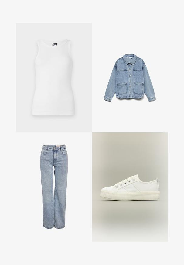 Veste en denim bleu clair à manches longues, devant boutonné, col, et deux poches plaquées sur le devant.; Débardeur blanc à côtes avec un col rond et sans manches, fabriqué en un doux mélange de coton avec une silhouette ajustée.; Jeans larges bleu clair en denim, dotés d'une taille haute, d'un design à cinq poches et d'un léger dégradé pour un aspect usé.; Baskets basses blanches avec semelle épaisse côtelée, lacets à l'avant et languette à l'arrière sur fond neutre.