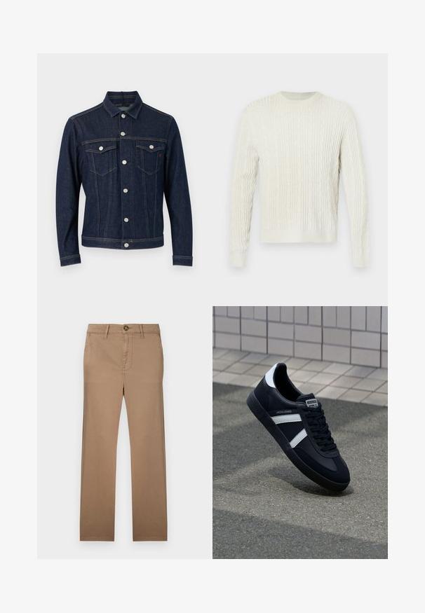 Mørkeblå denimjakke med knaplukning, to brystlommer med klapper og knapper samt kontrastsyninger, lagt fladt ud på hvid baggrund.; Creme kabel-striktrøje med rund hals og ribbede manchetter og kant. Det teksturerede design tilføjer dybde til stoffet.; Khaki chinos med en lige ben-design, lavet af blødt bomuldsstof, med en enkelt knaplukning og bæltestropper.; Sort lædersneaker med hvide striber, tekstureret gummisål og snørrebånd foran. Har et brandet mærke på tungen.