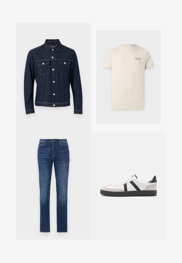 Dunkelblaue Jeansjacke mit Knopfverschluss, zwei Brusttaschen mit Klappen und Knöpfen sowie kontrastierenden Nähten, flach auf einem weißen Hintergrund liegend.; Beige T-Shirt mit kurzen Ärmeln und Rundhalsausschnitt mit kleinem schwarzem Text "Paris Bistro" auf der linken Brustseite.; Dunkelblaue Denim-Jeans mit klassischem gerade geschnittenem Schnitt, Fünf-Taschen-Design und leichtem Verblassen an den Beinen. Mit Knopf- und Reißverschluss.; Weiße Sneaker mit schwarz- und grau-aczenten, ausgestattet mit einer strukturierten grauen Zehenkappe, schwarzer Gummi-Sohle und flachen weißen Schnürsenkeln. Sauberes Design, minimalistische Stil.
