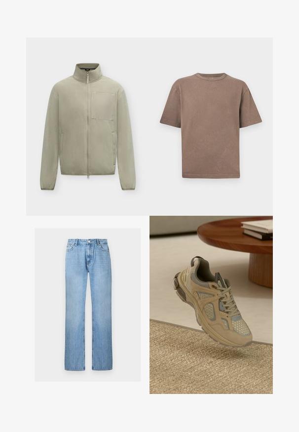 Veste polaire beige clair avec fermeture éclair intégrale à l'avant, col montant, deux poches latérales et une poche poitrine avec un panneau en tissu lisse.; T-shirt en coton brun uni à manches courtes, col rond et coupe décontractée, présenté sur un fond gris clair.; Jean droit en denim bleu clair avec bouton à l'avant et poches, présenté sur un fond blanc uni.; Baskets de sport beige et grises avec des détails en mesh et en daim, flottant au-dessus d'un tapis tissé à côté d'une table basse en bois avec des livres.