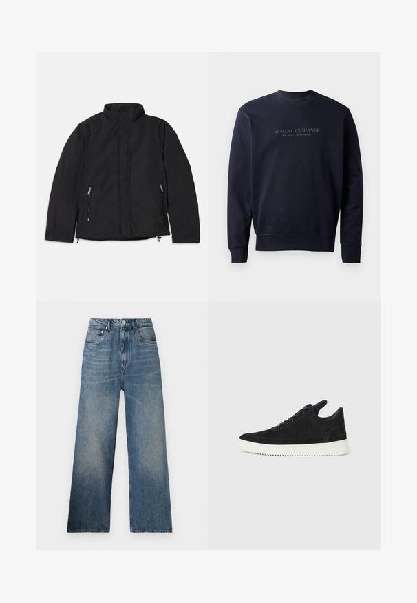 Schwarze Jacke mit hohem Kragen, ausgestattet mit zwei seitlichen Reißverschlusstaschen und einem geraden Schnitt. Glattes Material mit matter Oberfläche.; Marineblaue Sweatjacke aus weichem Material mit Rundhalsausschnitt und gerippten Bündchen, versehen mit prägnantem "ARMANI EXCHANGE MILANO / NEW YORK" Schriftzug.; Blaue Denim-Hosen mit weitem Bein und hohem Bund, mit subtilen Verfärbungen, fünf Taschen und einem Metallknopfverschluss vorne.; Schwarze Wildleder-Sneaker mit einer weißen Gummisohle, die sich durch elegante Nähte und ein schnürbares Design auszeichnen. Glatte Textur mit einer modernen, stromlinienförmigen Form.