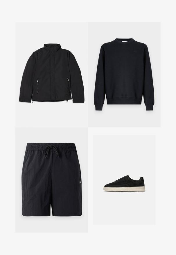 Veste noire à col montant, dotée de deux poches latérales zippées et d'une coupe droite. Tissu lisse avec une finition mate.; Sweat-shirt noir en mélange de coton. Col rond, manches longues, poignets et ourlet côtelés. Détail subtil du logo sur la poitrine.; Shorts de bain noirs en tissu texturé, avec une taille élastique à cordon de serrage et un petit logo sur le côté.; Baskets basses en daim noir avec lacets noirs et semelle blanche en caoutchouc, vue latérale sur fond gris clair uni.