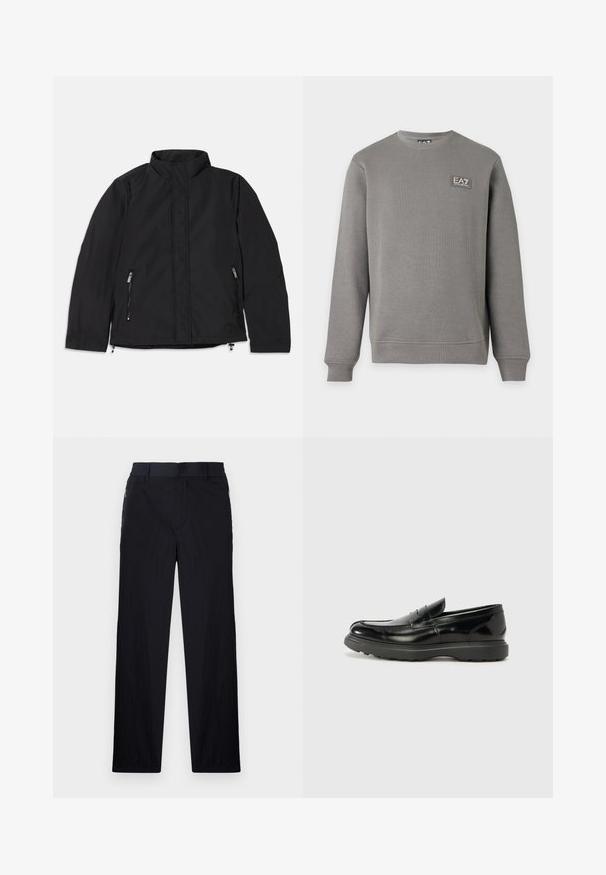 Veste noire à col montant, dotée de deux poches latérales zippées et d'une coupe droite. Tissu lisse avec une finition mate.; Sweat-shirt gris à manches longues avec col rond, poignets et ourlet côtelés, comportant un petit patch logo EA7 Emporio Armani sur la partie supérieure gauche de la poitrine.; Pantalon noir en tissu léger et texturé, avec une coupe droite, une taille élastique et des poches zippées sur les côtés.; Mocassin en cuir noir avec une finition brillante, bout arrondi, détails de couture subtils et semelle en caoutchouc épaisse pour la durabilité.