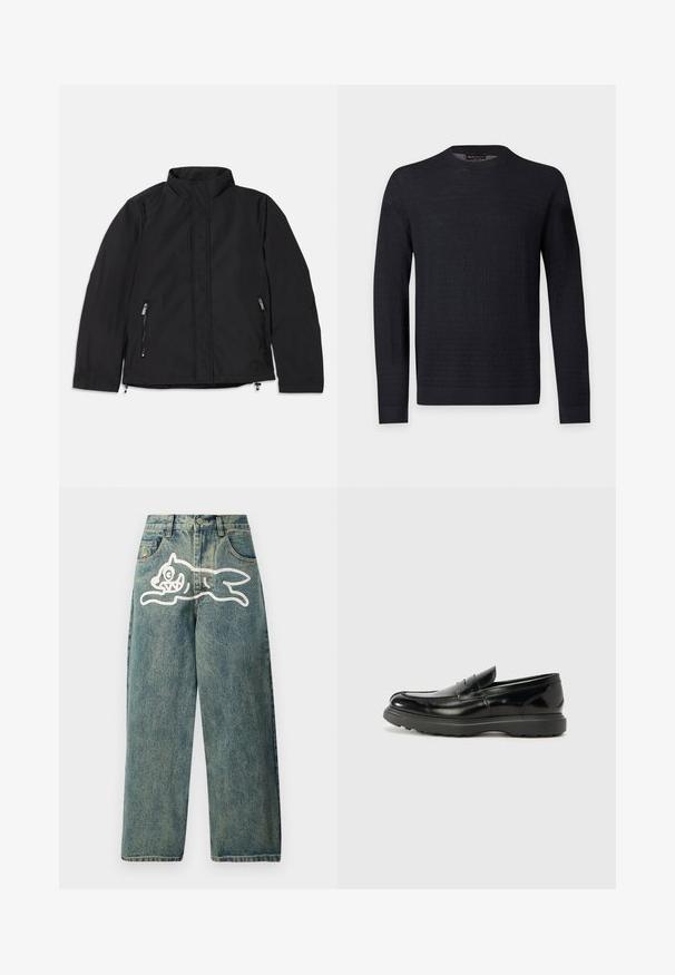 Sort jakke med høj krave, der har to sidelommer med lynlås og en lige pasform. Glat stof med en mat overflade.; Sort langærmet crewneck sweater med subtilt tekstureret mønster, ribkantede ærmeafslutninger og kant, vist på en ensartet lys grå baggrund.; Lyseblå denimjeans med en løs pasform, der har et stort hvidt kattegrafik på venstre ben og et traditionelt femlomme-design.; Sort læderloafer med en blank finish, rund tå, subtile syninger og en tyk gummisål for holdbarhed.