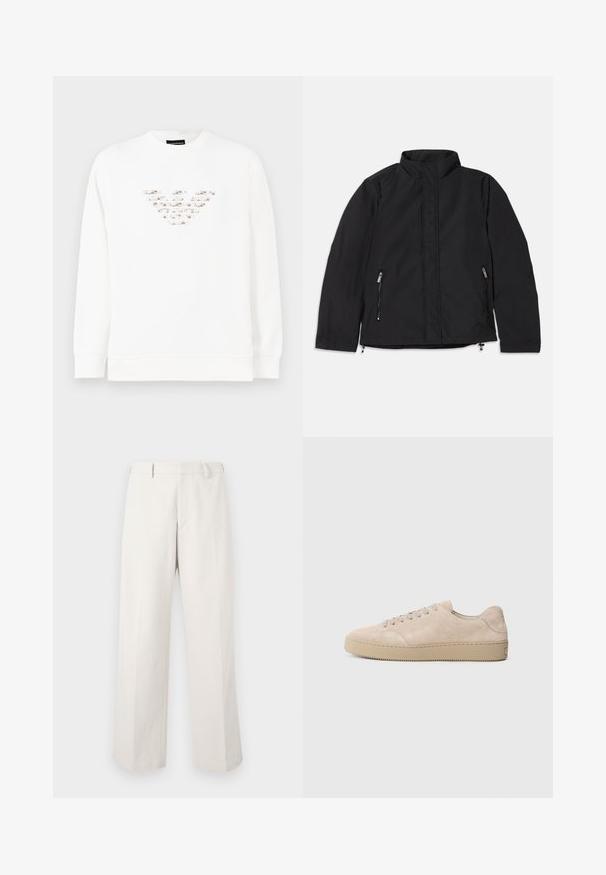 Chaqueta negra con cuello alto, que presenta dos bolsillos laterales con cremallera y un corte recto. Tejido suave con un acabado mate.; Sudadera blanca con un diseño de logo texturizado y multicolor en el centro. Mangas largas y cuello redondo con ribete. Material suave.; Pantalones de pierna ancha hechos de una tela ligera en un color beige claro. Presentan un frente plano y no tienen patrones ni adornos visibles.; Zapatilla de ante beige con punta redondeada, cordones planos y suela de goma texturizada. Diseño minimalista con bordes suaves y costuras sutiles.