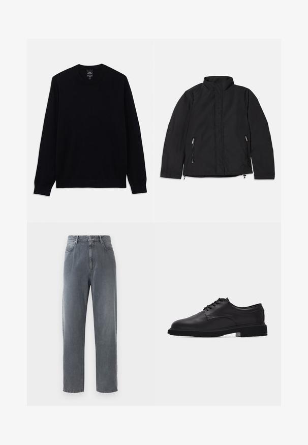 Sort jakke med høj krave, der har to sidelommer med lynlås og en lige pasform. Glat stof med en mat overflade.; Sort langærmet crewneck sweater med ribbet manchetter og nederkant, Armani Exchange mærket synligt på indersiden af kraven.; Højtraljede, lige ben jeans i falmet grå denim, med fem lommer, knaplukning og subtil falmning på stoffet.; Sort herresko i læder med snørebånd, glat finish og tyk gummisål vist fra siden på hvid baggrund.