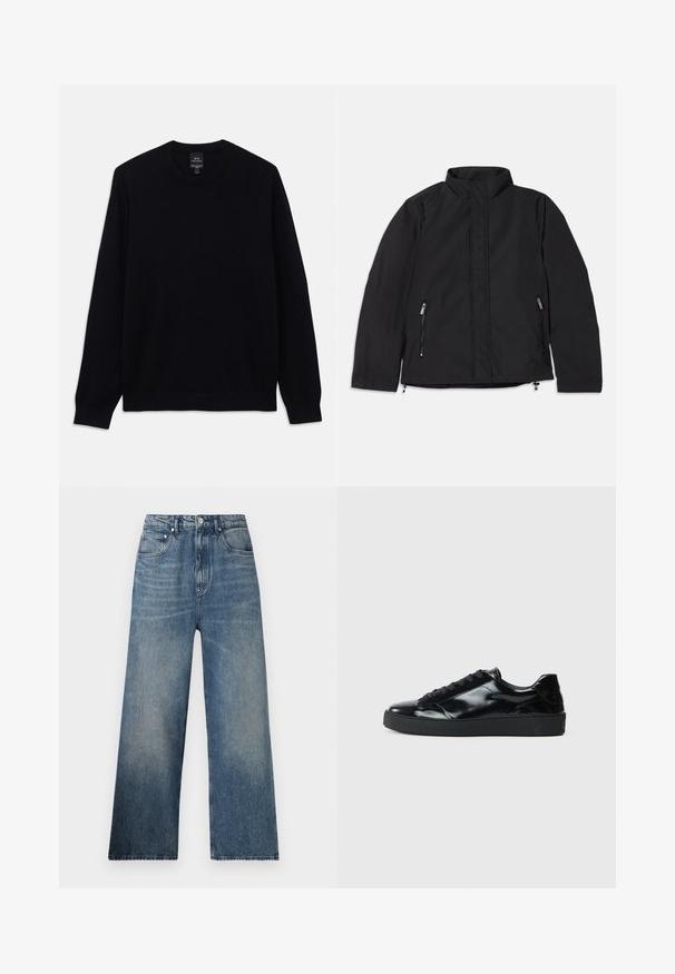 Sort jakke med høj krave, der har to sidelommer med lynlås og en lige pasform. Glat stof med en mat overflade.; Sort langærmet crewneck sweater med ribbet manchetter og nederkant, Armani Exchange mærket synligt på indersiden af kraven.; Blå denim bredbenede jeans med høj talje, subtilt slid, fem lommer og metalknaplukning foran.; Sorte laklæder sneakers med rund tå, snørredesign, tekstureret gummisål og en glat overflade.