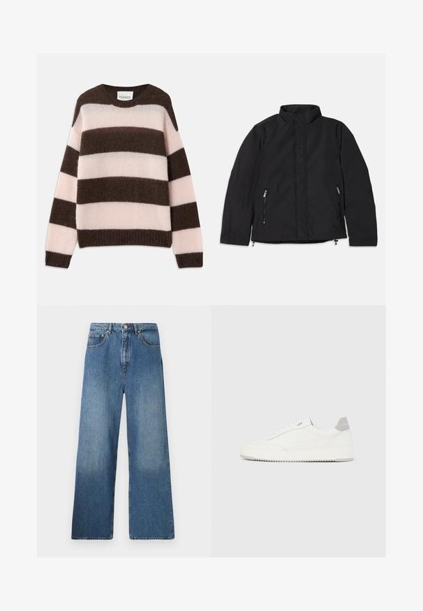 Sort jakke med høj krave, der har to sidelommer med lynlås og en lige pasform. Glat stof med en mat overflade.; CLOSED STRIPE CREW NECK JUMPER - Striktrøje - espresso brown; Bredde ben blå denim jeans med et klassisk fem-lomme design, frontlukning med knap og let falming for tekstur.; Hvid lavtop-sneaker med gråt hælflig, hvide snørebånd og tekstureret sål, vist på en ensfarvet lys baggrund.