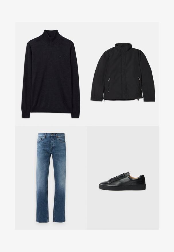 Chaqueta negra con cuello alto, que presenta dos bolsillos laterales con cremallera y un corte recto. Tejido suave con un acabado mate.; Suéter negro de manga larga con cuello alto acanalado y media cremallera, con un logo sutil en el lado izquierdo del pecho.; Pantalones vaqueros de denim azul con un diseño de pierna recta, lavado desgastado, cinco bolsillos y costuras en contraste. Cierre de botón y cremallera en la cintura.; Zapatilla negra de cuero con una textura suave, puntera redonda y cierre de cordones. Presenta una suela de goma gruesa y un detalle de marca mínimo.