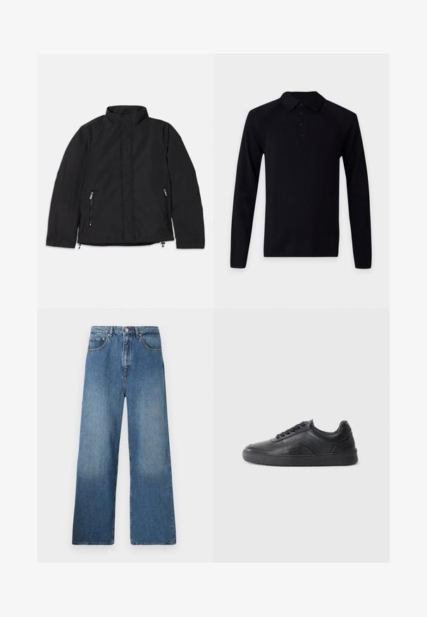 Zwarte jas met hoge kraag, voorzien van twee zijzakken met ritssluiting en een rechte snit. Glad materiaal met een matte afwerking.; Zwarte polo met lange mouwen, kraag en vier zwarte knopen op de voorzijde, op een effen lichte achtergrond.; Lange blauwe denim jeans met een klassiek vijf-pocket ontwerp, voor sluiting met een knoop en een lichte vervaging voor textuur.; Zwarte leren sneaker met een gladde afwerking, ronde neus, textuurpaneel aan de zijkant en zwarte veters. Voorzien van een platte rubberen zool en een minimalistisch ontwerp.