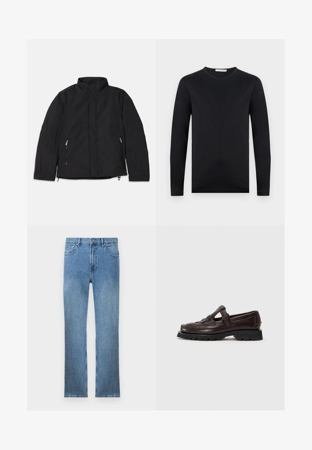 Schwarze Jacke mit hohem Kragen, ausgestattet mit zwei seitlichen Reißverschlusstaschen und einem geraden Schnitt. Glattes Material mit matter Oberfläche.; Schwarzes Langarmshirt mit Rundhalsausschnitt und schlanker Passform aus glattem Stoff, präsentiert vor einem schlichten hellen Hintergrund.; Hellblaue Jeans aus Denim mit geradem Schnitt, fünf Taschen, einem Reißverschluss und kontrastierender Naht. Der Stoff hat eine glatte, strukturierte Oberfläche.; Hereu SOLLER - Slipper - dark brown