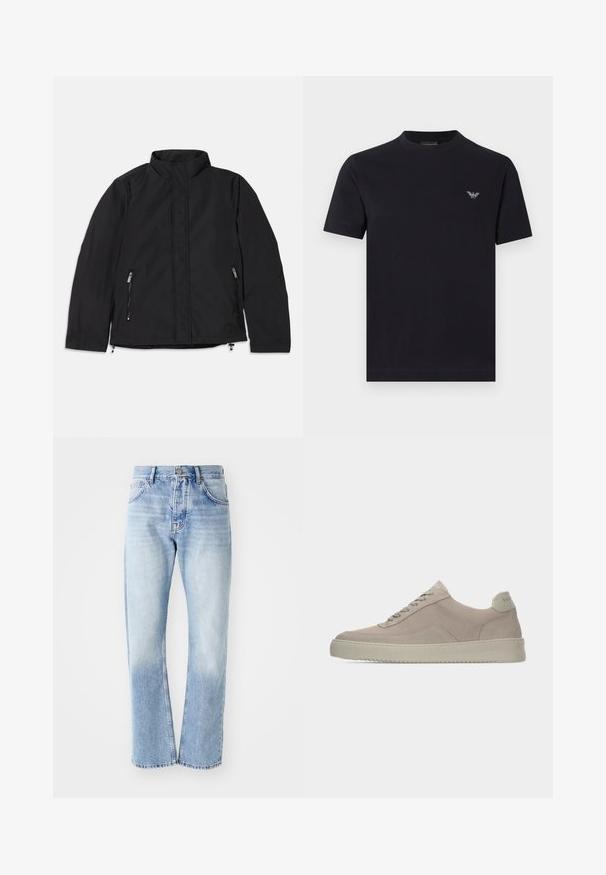 Zwarte jas met hoge kraag, voorzien van twee zijzakken met ritssluiting en een rechte snit. Glad materiaal met een matte afwerking.; Zwart katoenen T-shirt met een ronde hals en korte mouwen. Voorzien van een klein zilverkleurig logo op de linkerborst. Glad van textuur.; Lichtblauwe denim jeans met een rechte pijp. Voorzien van een vijf-pocket ontwerp, knoopsluiting en een vervaagde textuur naar de onderkant.; Beige suède sneakers met een gestructureerde afwerking, ronde neus en tonale veters. Voorzien van een dikke rubberen zool en subtiele branding op de hiel.