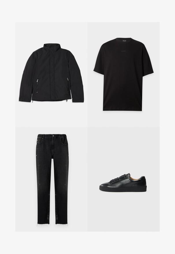 Chaqueta negra con cuello alto, que presenta dos bolsillos laterales con cremallera y un corte recto. Tejido suave con un acabado mate.; Camiseta negra de manga corta con cuello redondo y pequeño logo centrado de Armani Exchange en el pecho.; Vaqueros negros de denim con cinturilla elástica, corte recto, detalles desgastados y dobladillo desflecado. Presenta bolsillos y cierre con botón.; Zapatilla negra de cuero con una textura suave, puntera redonda y cierre de cordones. Presenta una suela de goma gruesa y un detalle de marca mínimo.