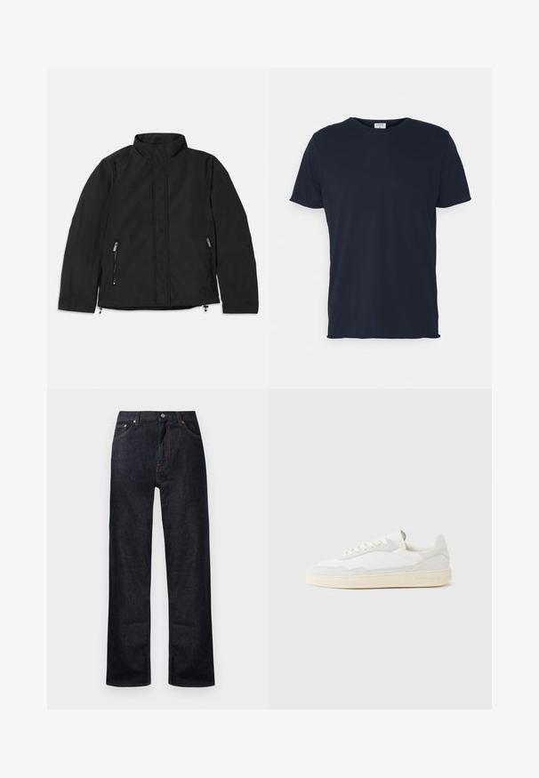 Zwarte jas met hoge kraag, voorzien van twee zijzakken met ritssluiting en een rechte snit. Glad materiaal met een matte afwerking.; Navyblauwe katoenen t-shirt met ronde hals en korte mouwen, met een gladde textuur en eenvoudig ontwerp, zonder zichtbare patronen of accenten.; Donkerblauwe spijkerbroek met een recht model, vijf zakken en oranje stiksels. Metalen knoop en ritsluiting.; Witte sneaker met een bovenwerk van gestructureerd suède en leer. Voorzien van een afgeronde neus, vetersluiting en een contrasterende beige rubberen zool.