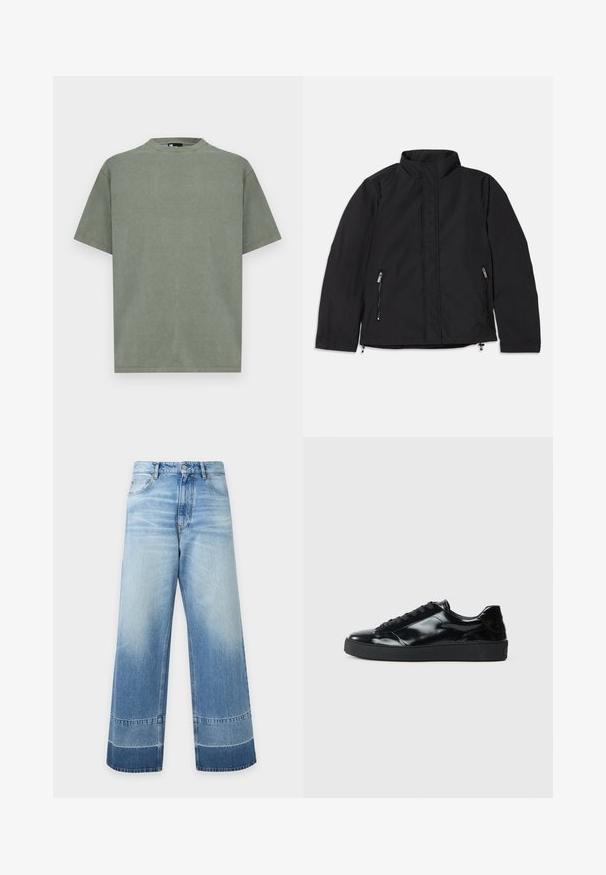 Veste noire à col montant, dotée de deux poches latérales zippées et d'une coupe droite. Tissu lisse avec une finition mate.; T-shirt en coton vert olive uni à manches courtes avec col rond, présenté sur un fond blanc.; Jean en denim bleu clair à coupe large avec des détails délavés et des blocs de couleur plus foncés près de l'ourlet, bouton devant et poches visibles.; Baskets en cuir verni noir avec un bout arrondi, un laçage, une semelle en caoutchouc texturé et une finition lisse.