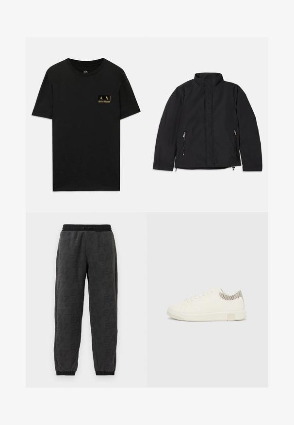 Schwarze Jacke mit hohem Kragen, ausgestattet mit zwei seitlichen Reißverschlusstaschen und einem geraden Schnitt. Glattes Material mit matter Oberfläche.; Schwarzes Baumwoll-T-Shirt mit Rundhalsausschnitt. Verfügt über ein kleines goldfarbenes Logo-Patch auf der linken Brust mit dem Text "AX Armani Exchange". Klassische Passform.; Graue Jogginghosen aus strukturiertem Stoff mit einem Logo-Design über die gesamte Fläche, elastischem Bund und elastischen Bündchen an den Knöcheln.; Weißer Sneaker mit glattem Textilobermaterial, strukturiertem Fersenakzent, rundem Zehenbereich und flacher Gummisohle. Schnürsenkel und dezente Nahtdetails sind sichtbar.