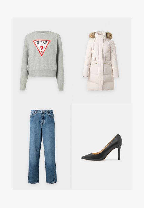 Fyldig cremet parka med hætte foret med pels, lynlåslommer på siden og justerbar talje. Har et quiltet mønster og guldfarvede hardware-detaljer.; Grå sweatshirt med rødt trekantet logo med teksten "GUESS U.S.A.", lange ærmer, ribbede manchetter og kant, lavet af blødt stof.; Lyseblå denimjeans med lige pasform, udstyret med stiklommer, en frontknaplukning og minimal falmning på stoffet.; Sort læder spidse stiletto hæle med høj hæl, der har en glat overflade og minimalistisk design. Indersiden er foret i tan farve.