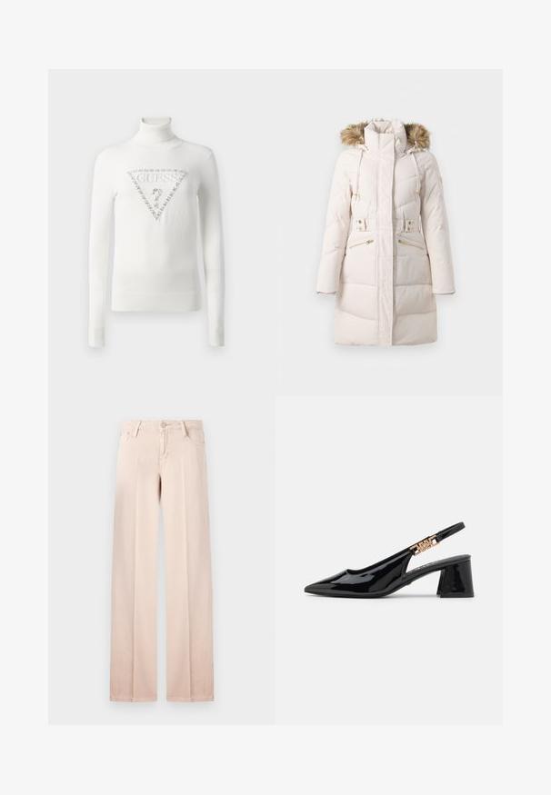 Parka en duvet avec une capuche bordée de fourrure, poches latérales zippées et taille ajustable. Présente un motif matelassé et des accents en métal doré.; Pullover blanc à col roulé avec des poignets et un ourlet côtelés, arborant un logo Guess en forme de triangle orné de cristaux et accompagnés d'un point d'interrogation à l'avant.; Jean large beige en tissu en coton mélangé lisse, avec un design à cinq poches, des passants de ceinture et une fermeture à bouton. Style minimaliste et couleur claire.; Bottines à talon en vernis noir avec un bout pointu et des accessoires dorés sur la bride, dotées d'un talon bloc. Texture lisse.