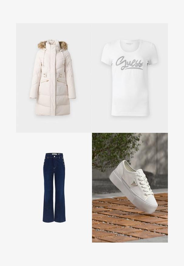 Fyldig cremet parka med hætte foret med pels, lynlåslommer på siden og justerbar talje. Har et quiltet mønster og guldfarvede hardware-detaljer.; Hvid kortærmet T-shirt med rund hals, hvor "Guess" er skrevet i kursiv med skinnende sølvdetaljer tværs over brystet.; Mørkeblå bredbenede jeans med høj talje, der har knapdetaljer på siderne og en glat denimtekstur.; Hvid lærredssneaker med tyk sål og trekantet metal-logo, vist svævende over trægulv og småsten.