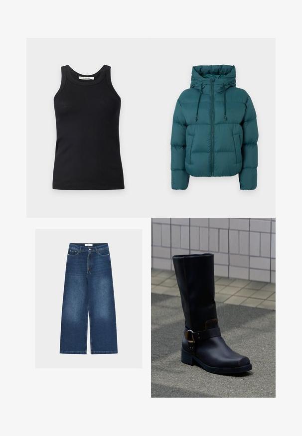 Teal Steppjacke mit Reißverschluss, Kapuze und Kordelzügen. Hat ein gesteppte Design und elastische Bündchen für Wärme.; Schwarzes, geripptes Tanktop mit Rundhalsausschnitt und breiten Trägern, aus weichem Stoff gefertigt. Keine sichtbaren Muster oder Beschläge.; High-Waist Jeans aus blauem Denim mit weitem Bein, vorderen Knöpfen, Reißverschluss, Gürtelschlaufen, Kordelzug und verblassten Details am Oberschenkel.; Schwarzer Lederstiefel bis zur Mitte der Wade mit niedrigem Absatz und dekorativem Riemen mit Metallschnalle, stehend auf einer grau gepflasterten Oberfläche nahe einer gefliesten Wand.