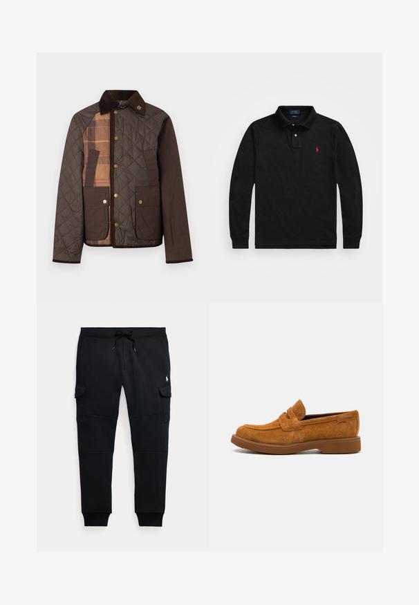 Bruine doorgestikte jas met corduroy kraag, drukknoopsluiting, twee klepzakken en een beige-bruin ruitpatroon aan de linker voorkant.; Zwart poloshirt met lange mouwen, gemaakt van katoen, met een drieknoopssluiting; beschikt over een klein rood geborduurd logo op de linkerborst.; Zwarte cargo joggerbroek met trekkoord in de taille, zijzakken met klep, geribde boorden en een klein wit polo speler logo op het rechterdijbeen.; Bruine suède instappers met een ronde neus, gevoerde kraag en een brede band over de bovenkant. Voorzien van een rubberen zool voor grip.