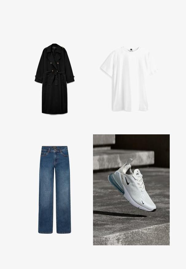 Abrigo largo negro tipo gabardina con botones de doble fila, solapas anchas, cintura ceñida con cinturón, charreteras con botones en los hombros y puños abotonados.; Camiseta de algodón blanca con mangas cortas, cuello redondo y un corte ligeramente holgado. Diseño liso, sin patrones ni detalles adicionales.; Vaqueros de pierna ancha en lavado azul medio. Cuentan con cinco bolsillos, cierre de botón y cremallera, y costuras doblemente reforzadas. Tejido duradero.; Zapatilla blanca Nike Air Max 270 con suela de aire azul, suspendida sobre una superficie de hormigón texturizada con escaleras al fondo.