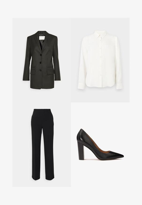 Sort skræddersyet blazer med en enkel række knapper, skarpe revers, to frontlommer og subtile syningsdetaljer på lommerne. Glat tekstur.; Hvid langærmet skjorte med krave og manchetter, enkel og stilren design, præsenteret på en hvid baggrund.; Sorte, lige bukser med en glat tekstur. Har en talje og ingen synlige mønstre eller accenter. Klassisk og skræddersyet design.; Sorte læder højhælede pumps med spids tå, tekstureret overflade og en kraftig blokhæl. Enkel design med en glat indvendig foring.
