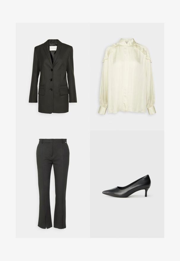 Sort skræddersyet blazer med en enkel række knapper, skarpe revers, to frontlommer og subtile syningsdetaljer på lommerne. Glat tekstur.; DAY Birger et Mikkelsen COURTNEY MODERN DRAPE - Skjortebluser - cloud cream; Paul Smith WOMENS TROUSERS - Bukser - black; Sorte læder pumps med spids tese og en lav, kegleformet hæl, glat tekstur og en lav skæring i overdelen for synlighed af foden.