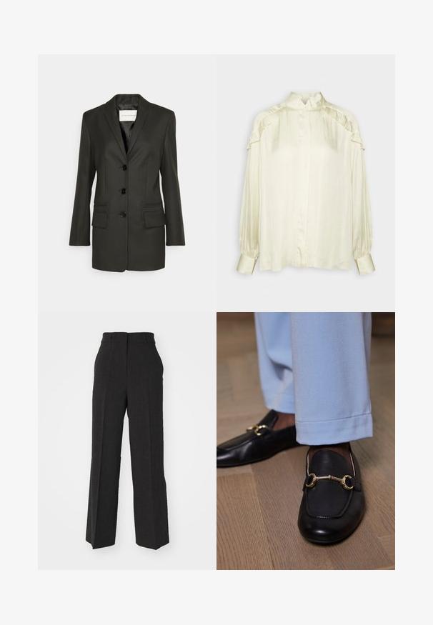 Sort skræddersyet blazer med en enkel række knapper, skarpe revers, to frontlommer og subtile syningsdetaljer på lommerne. Glat tekstur.; DAY Birger et Mikkelsen COURTNEY MODERN DRAPE - Skjortebluser - cloud cream; Mørkegrå bukser i et skræddersyet, bredt ben-design. Har et tekstureret stof, bæltestropper og en mid-rise talje. Ren, lige kant.; Sorte læder loafers med guld metalbit detalje båret med lyseblå bukser på trægulv.