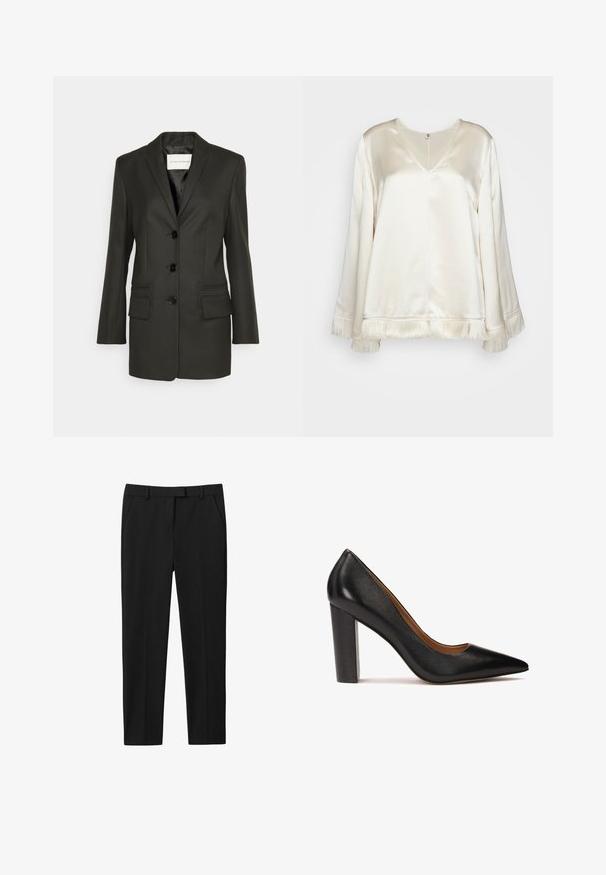 Blazer negro ajustado con una sola fila de botones, suaves solapas, dos bolsillos frontales y detalles de costura sutiles en los bolsillos. Textura suave.; By Malene Birger EXCLUSIVE AVELAS - Blusa - pearl; Pantalones negros con un diseño ajustado, con frente plano, dos bolsillos laterales y corte recto. Fabricados en un tejido suave con un brillo sutil.; Zapato de tacón alto de cuero negro con punta afilada, acabado texturizado y tacón grueso. Diseño sencillo con un forro interior suave.