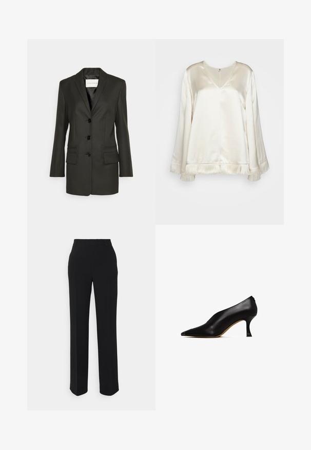 Blazer negro ajustado con una sola fila de botones, suaves solapas, dos bolsillos frontales y detalles de costura sutiles en los bolsillos. Textura suave.; By Malene Birger EXCLUSIVE AVELAS - Blusa - pearl; Pantalones negros de pierna recta con una textura suave. Presentan una cintura y sin patrones ni acentos visibles. Diseño clásico y ajustado.; Zapato de tacón alto de cuero negro con punta afilada y un tacón delgado y curvado. Presenta una textura suave y un diseño minimalista.