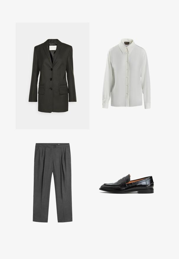 Sort skræddersyet blazer med en enkel række knapper, skarpe revers, to frontlommer og subtile syningsdetaljer på lommerne. Glat tekstur.; Luisa Spagnoli LIMONAIA - Skjortebluser - panna; Mørkegrå skræddersyede bukser med forreste læg, sidelommer, knap i taljen og lynlås.; Sorte læderslipper med en glat finish, prydet med en dekorativ rem og lav gummihæl. Slank design med rund tå.
