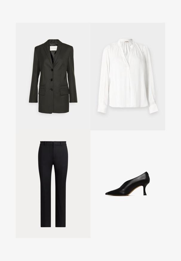 Sort skræddersyet blazer med en enkel række knapper, skarpe revers, to frontlommer og subtile syningsdetaljer på lommerne. Glat tekstur.; Hvid langærmet bluse med opretstående krave, samlet plissering nær halsudskæringen og skjult knappelukning foran.; Sorte skræddersyede bukser med lige ben, bæltestropper og forlukning, vist mod en ensfarvet lys baggrund.; Sorte læder højhælede sko med spids tå og en slank, buet hæl. Har en glat tekstur og et minimalistisk design.
