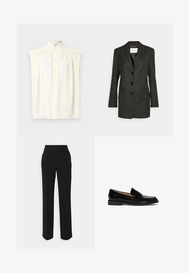 Zwarte op maat gemaakte blazer met een enkele rij knopen, scherpe revers, twee voorzakken en subtiele stiksels op de zakken. Glad textuur.; Crèmekleurige mouwloze blouse met een hoge hals, knoopsluiting en geplooide details op de schouders. Soepele stoftextuur.; Zwarte, rechte pantalon met een gladde textuur. Beschikt over een tailleband en heeft geen zichtbare patronen of accenten. Klassiek en op maat gemaakt ontwerp.; Zwarte leren instappers met een gladde afwerking, ronde neus en een decoratief bandje over de voorkant. Ontwerp met lage blokhak.