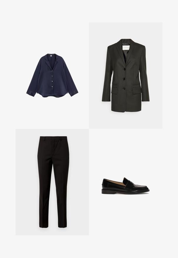 Blazer noir ajusté avec une rangée unique de boutons, des revers nets, deux poches frontales et des détails de couture subtils sur les poches. Texture lisse.; Chemise en satin bleu marine à manches longues avec col cranté, boutonnière devant, et coupe ample et décontractée.; Pantalons noirs ajustés avec une coupe droite, fabriqués en tissu lisse, dotés d'une taille plate et de passants de ceinture. Aucun motif ni accent visible.; Mocassins en cuir noir avec une finition lisse, à bout rond, et une sangle décorative sur le devant. Design à faible talon carré.