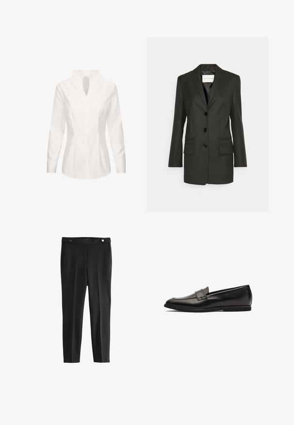 Blazer noir ajusté avec une rangée unique de boutons, des revers nets, deux poches frontales et des détails de couture subtils sur les poches. Texture lisse.; Blouse blanche en coton, avec un col mandarin, des manches longues, une fermeture à boutons sur le devant et une coupe cintrée. Texture lisse et design épuré.; Pantalons noirs ajustés avec une texture lisse, dotés de deux poches avant et d'une ceinture avec deux boutons noirs ronds.; Mocassin en cuir noir avec une finition lisse, un bout arrondi et des accents en double couture sur le dessus. Semelle en caoutchouc plate pour plus de confort.
