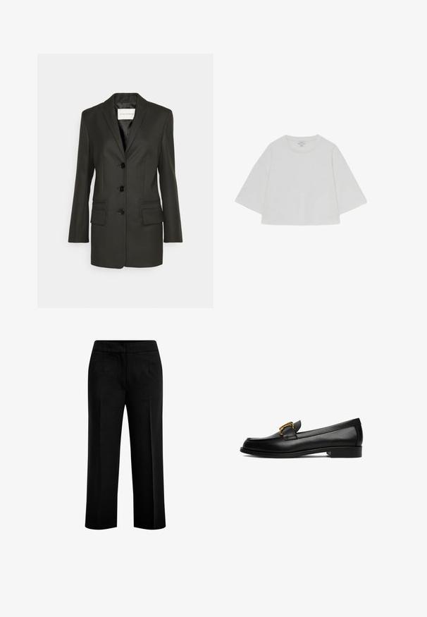 Sort skræddersyet blazer med en enkel række knapper, skarpe revers, to frontlommer og subtile syningsdetaljer på lommerne. Glat tekstur.; Hvid, kort t-shirt lavet af blødt bomuld. Har brede korte ærmer og en rund hals. Glat tekstur uden mønstre eller udsmykninger.; Sorte, brede bukser lavet af et glat stof med to forlommer og en flad talje. Skræddersyet design med en ren silhuet.; Sort læderloafer med lav hæl og guldfarvet metalspænde på oversiden.