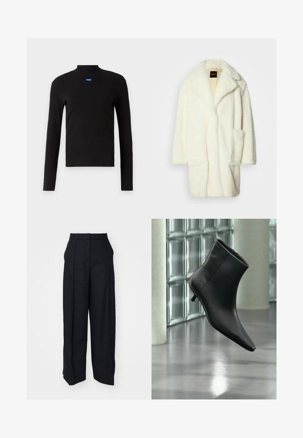 Hvid faux fur frakke med klapkrave, store forlommer og knaplukning, der har en blød, struktureret overflade og løs pasform.; HUGO EASY - Langærmet T-shirt - schwarz; Sorte bukser med et struktureret mønster. Har en plisseret front, sidelommer og et lige ben-design. Materialet ser glat ud.; Sort læderankelstøvle med spids tå og lav kitten-hæ, vist vinklet mod en poleret gulv- og glasblokvæg.