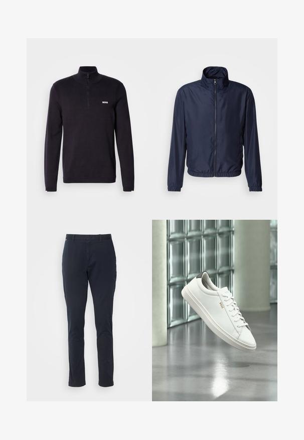 Navyblauwe lichte jas met een staande kraag, vooraan een rits, elastische manchetten en zoom; zachte textuur, minimalistisch design.; Marineblauwe quarter-zip pullover trui gemaakt van zacht materiaal, met een geribde kraag en manchetten, en een klein wit "BOSS" logo op de borst.; Marineblauwe chino's van katoen, met een recht gesneden broekspijp, een platte voorkant en zijzakken. Geen zichtbare patronen of versieringen.; Witte leren lage sneaker met veters, zwarte hielstrook en "BOSS"-logo, zwevend binnenshuis bij een glazen stenen muur en gepolijste vloer.