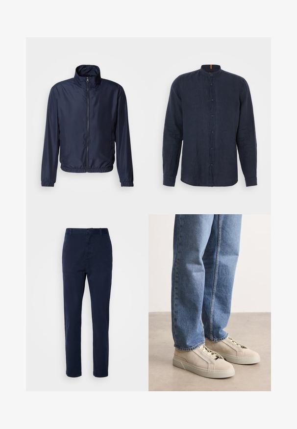 Marineblå letvægtsjakke med ståkrave, lynlås foran, elastiske manchetter og kant; glat tekstur, minimalistisk design.; Mørkeblå langærmet skjorte lavet af hør, med en båndkrave, knaplukning foran og en blød tekstur uden mønstre eller udsmykninger.; Mørkeblå chinos lavet af letvægtsstof, med lige ben-design, knaplukning og sidelommer. Glat tekstur uden mønstre.; BOSS GARYTENN_SDHDEL - Sneakers - natural ten