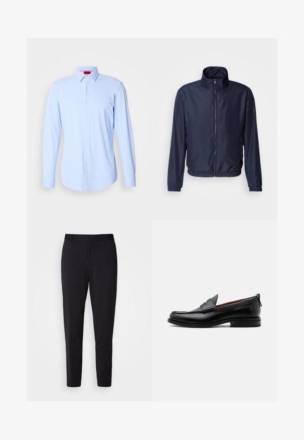 Marineblå letvægtsjakke med ståkrave, lynlås foran, elastiske manchetter og kant; glat tekstur, minimalistisk design.; Lys blå skjorte med lange ærmer lavet af glat stof, med knaplukning foran, spredt krave og rundet kant. Mærketiketten er synlig indeni kraven.; Sorte bukser med struktureret stof, der har en lige pasform, standard talje med en knap og sidelommer.; Sort læder herre loafer med moc-tå syning, penny strop, struktureret krave og lav stablet hæl på hvid baggrund.