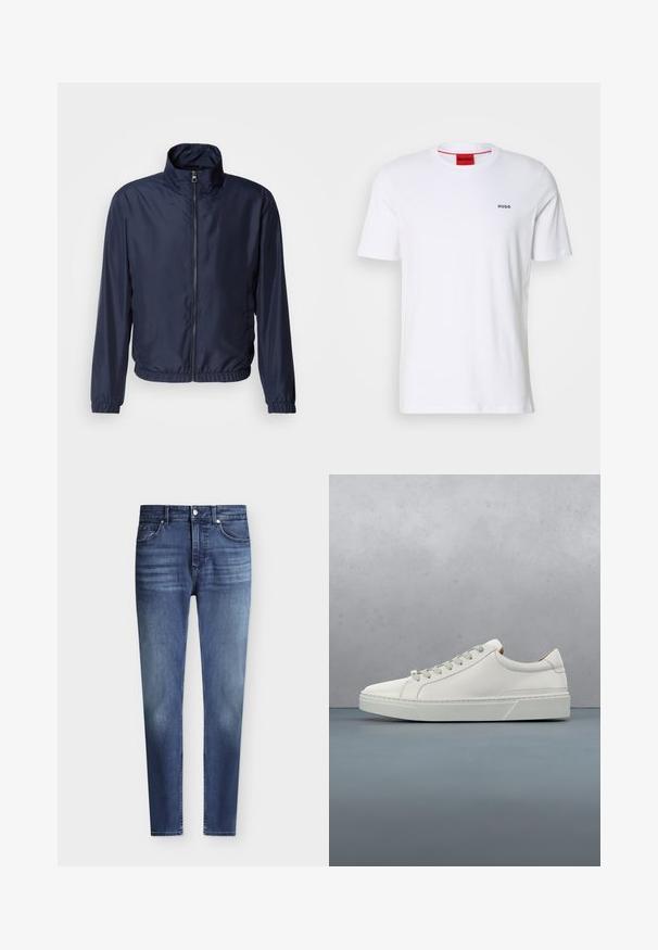 Veste légère bleu marine avec un col montant, fermeture éclair à l'avant, poignets élastiques et ourlet ; texture lisse, design minimaliste.; T-shirt en coton blanc à manches courtes, avec un col rond et un petit logo noir "HUGO" sur la poitrine gauche. Étiquette intérieure rouge au niveau du col.; Jean slim fit bleu en denim pour homme avec style classique à cinq poches et légère décoloration aux cuisses et aux genoux, fermeture par bouton et zip.; Baskets en cuir blanc avec un bout arrondi, design minimaliste, lacets gris et semelle en caoutchouc gris texturé. Détails de couture subtils visibles.
